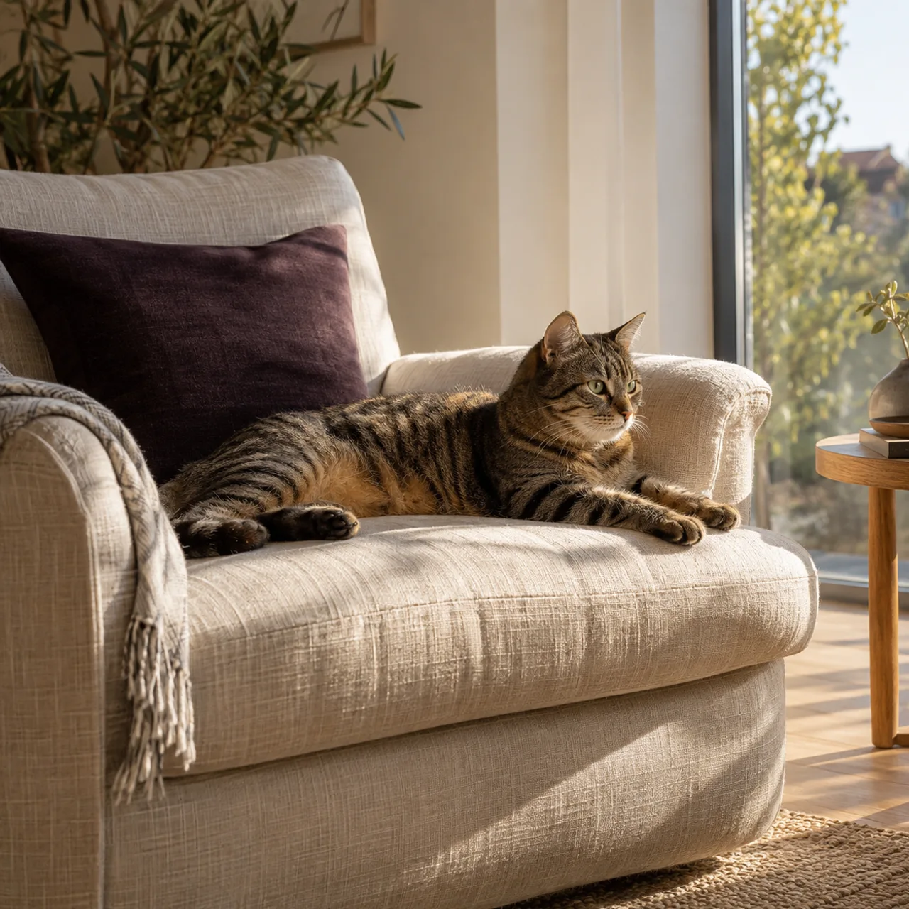 Un gatto riposa su una poltrona in lino, nella luce calda di casa