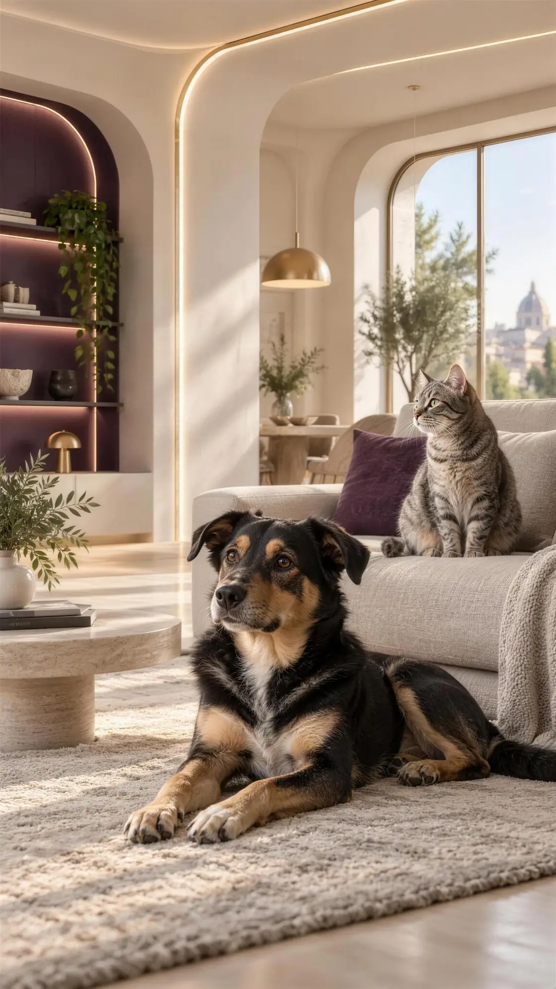 Un cane e un gatto in una casa contemporanea dai toni avorio e viola