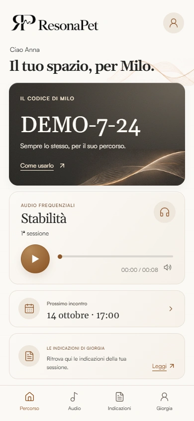 Interfaccia reale ResonaPet con dati dimostrativi: codice, audio frequenziale e indicazioni