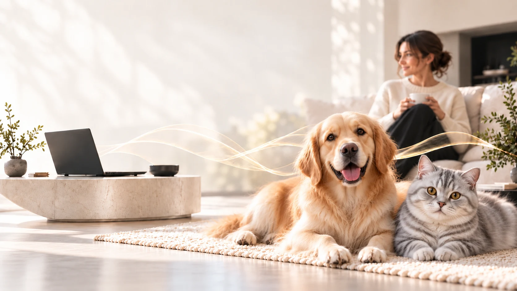 Golden Retriever e British Shorthair sereni nel loro ambiente, con la persona di riferimento e il computer sullo sfondo