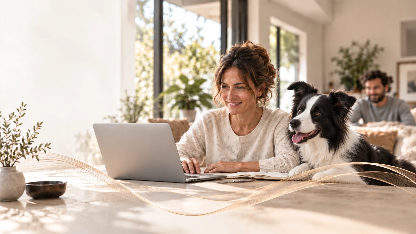 Donna in videochiamata con un Border Collie vivace e rilassato, uomo sullo sfondo e frequenza simbolica perla-bronzo
